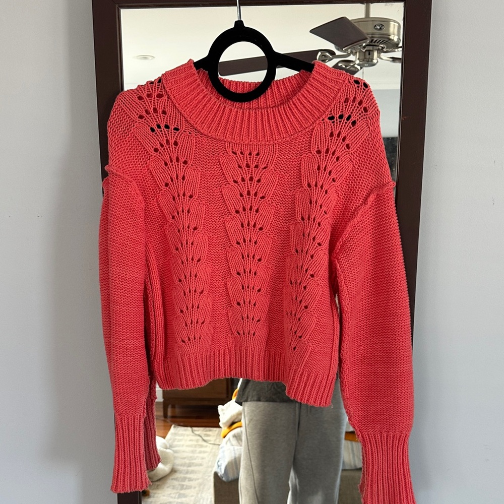 Free People Coral Eyelet Knit Crewneck Sweater